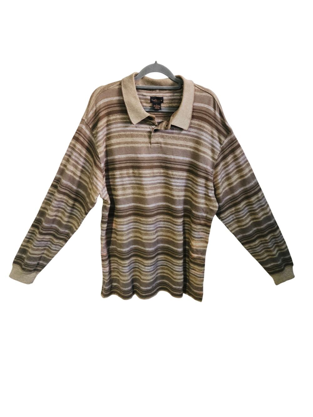 Van Heusen Men's L Collared Pullover Sweater Brown Tan Multi Stripe Grandpacore